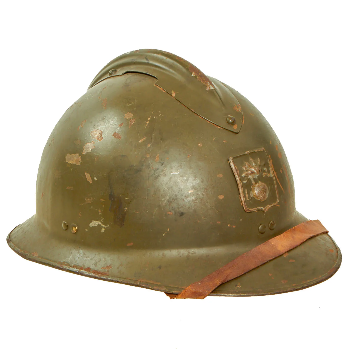 Original WWII French Model 1926 Adrian Défense Passive Civil Defense Helmet with Liner & Chinstrap - Olive Green