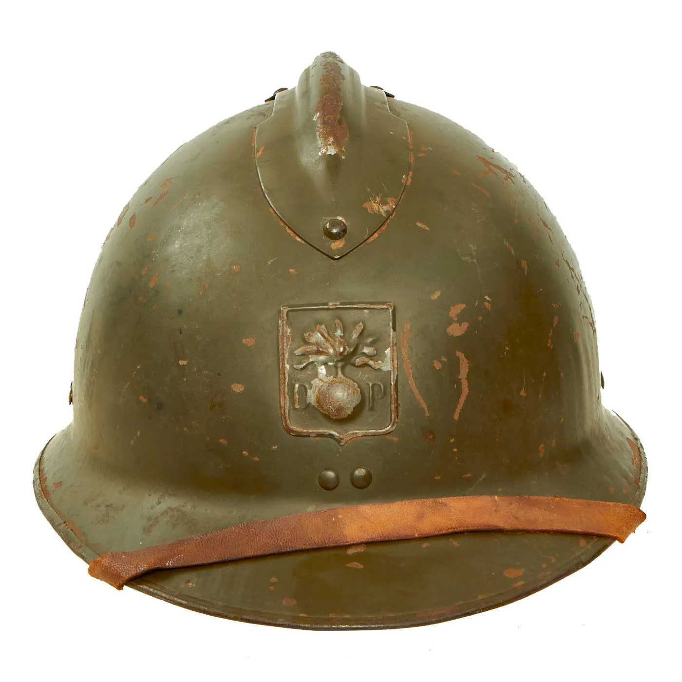 Original WWII French Model 1926 Adrian Défense Passive Civil Defense Helmet with Liner & Chinstrap - Olive Green