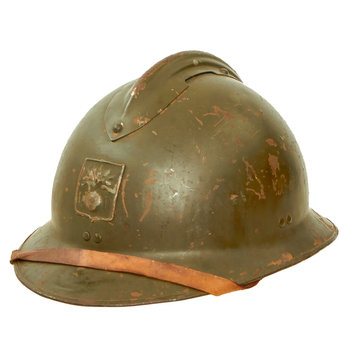 Original WWII French Model 1926 Adrian Défense Passive Civil Defense Helmet with Liner & Chinstrap - Olive Green