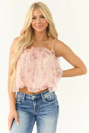 Peach Floral Print Ruffle Tank Top