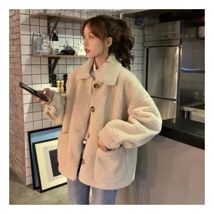 Petitefleece-lined Thickened Sheep Fleece Jacket Women's Autumn/winter 2024 New Style Loose-fit Sweatshirt Versatile Students