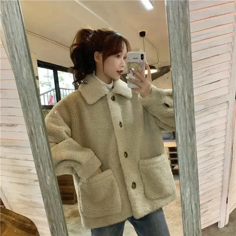 Petitefleece-lined Thickened Sheep Fleece Jacket Women's Autumn/winter 2024 New Style Loose-fit Sweatshirt Versatile Students