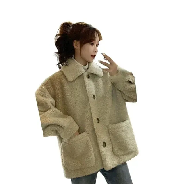 Petitefleece-lined Thickened Sheep Fleece Jacket Women's Autumn/winter 2024 New Style Loose-fit Sweatshirt Versatile Students