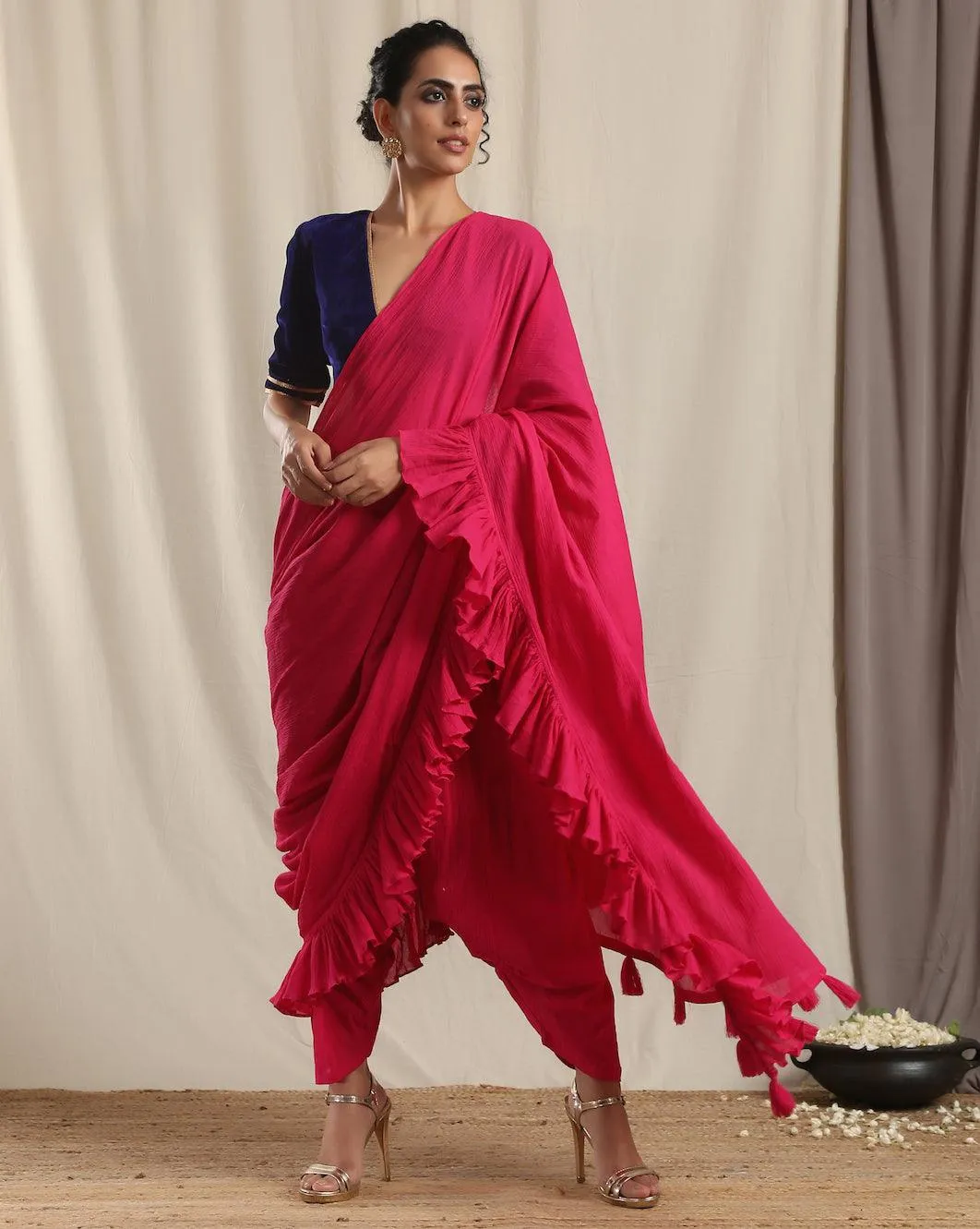 Pink Crinkle Ready to Wear Ruffle Tassel Saree