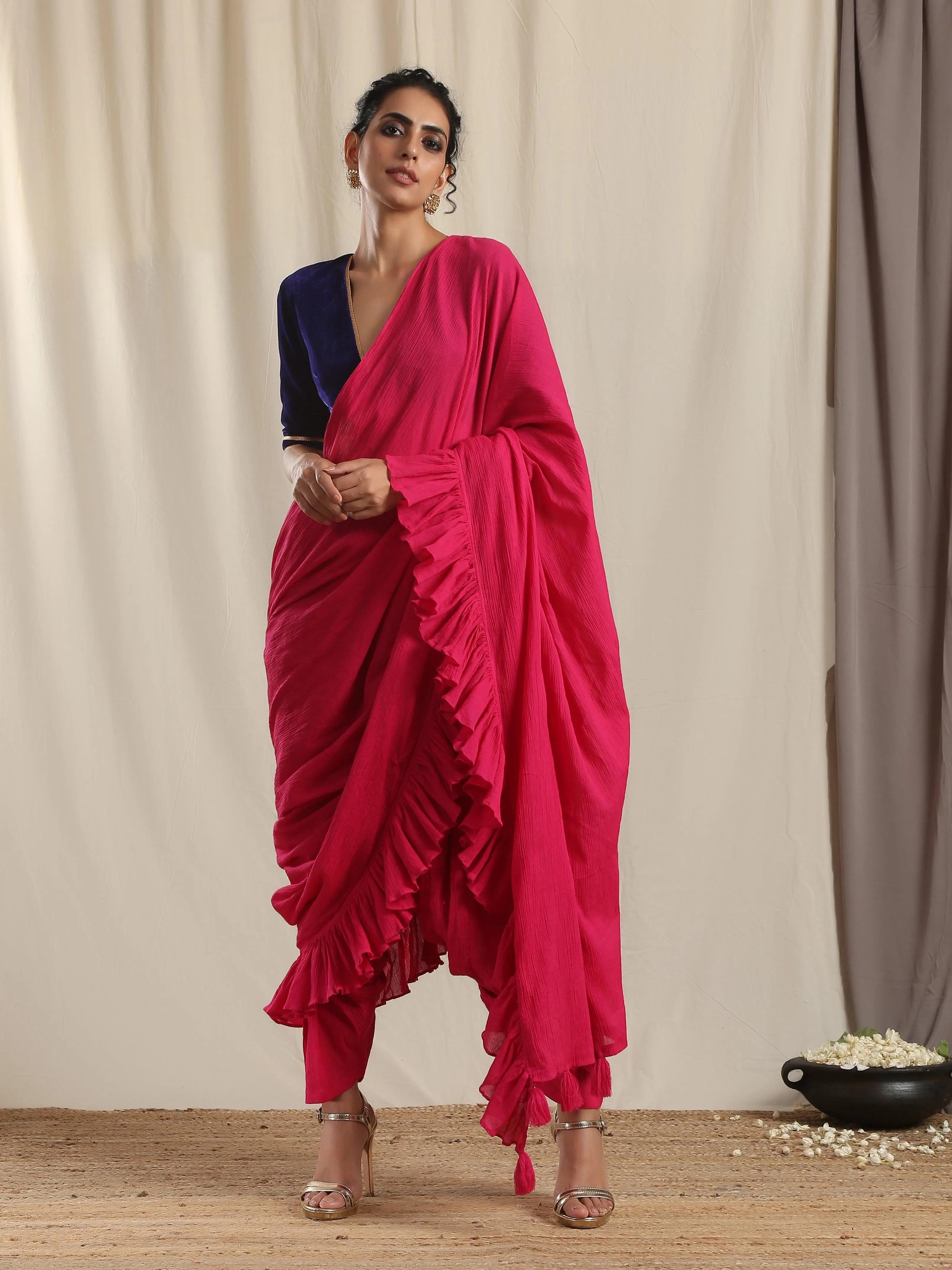 Pink Crinkle Ready to Wear Ruffle Tassel Saree