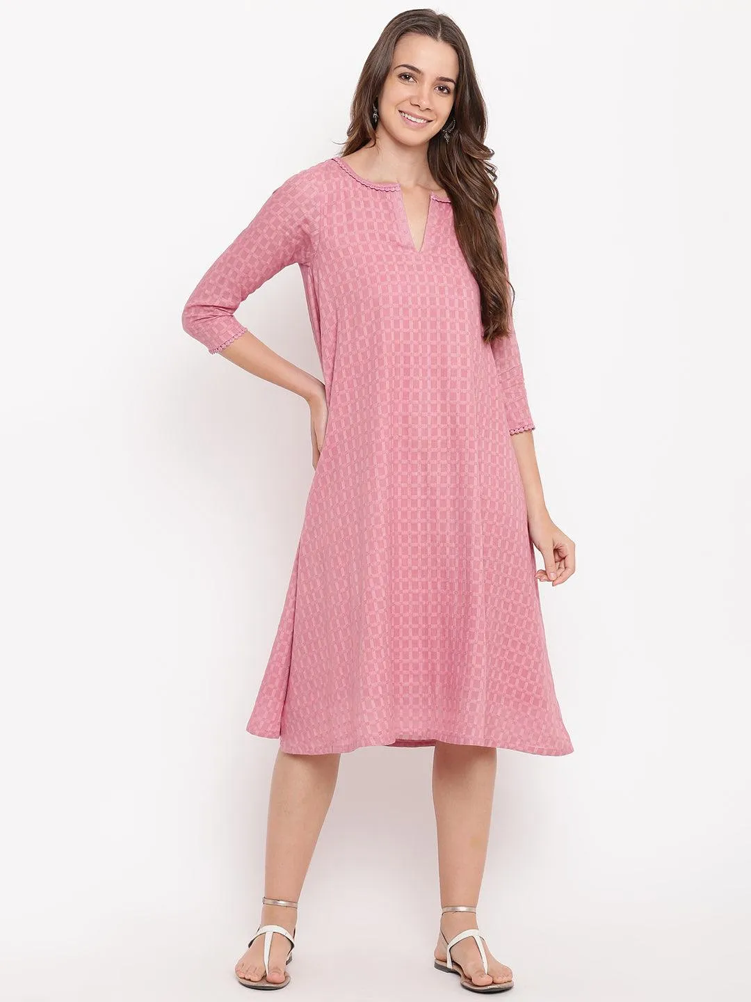 Pink Grid Dobby Flared Dress