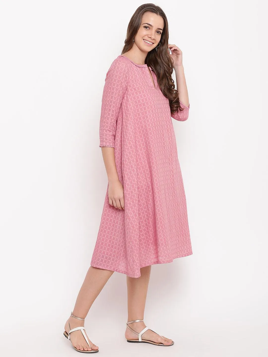 Pink Grid Dobby Flared Dress