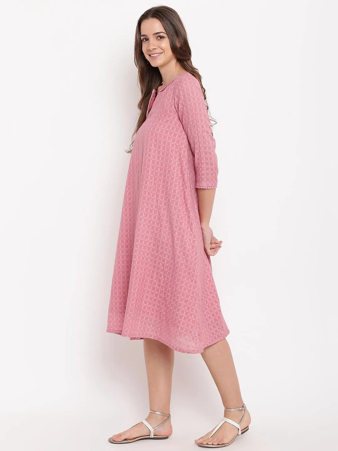 Pink Grid Dobby Flared Dress