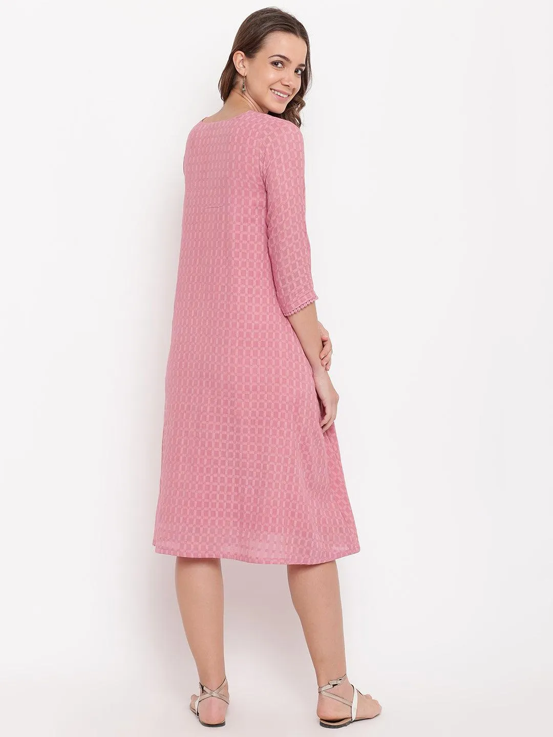 Pink Grid Dobby Flared Dress