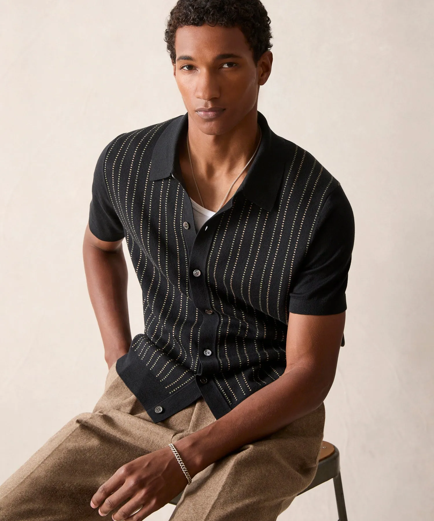 Pinstripe Full-Placket Polo in Black