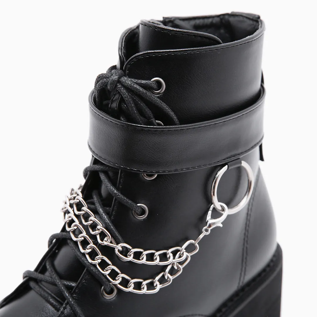 Punk Chain-Link Strap Lace Up Chunky Heel Platform Boots - Black