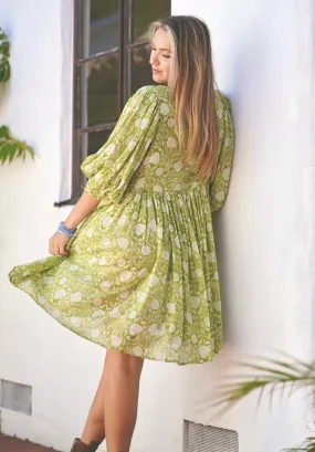 Raya Block Printed Mini Dress- Olive