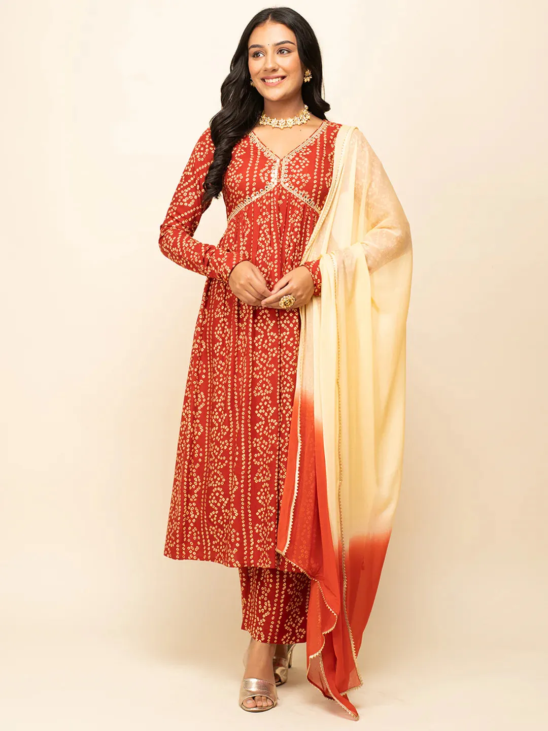 Red Cotton Bandhani Print & Lace Detailing Suit Set with Chiffon Dupatta