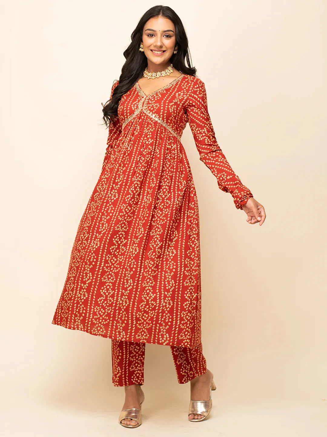 Red Cotton Bandhani Print & Lace Detailing Suit Set with Chiffon Dupatta