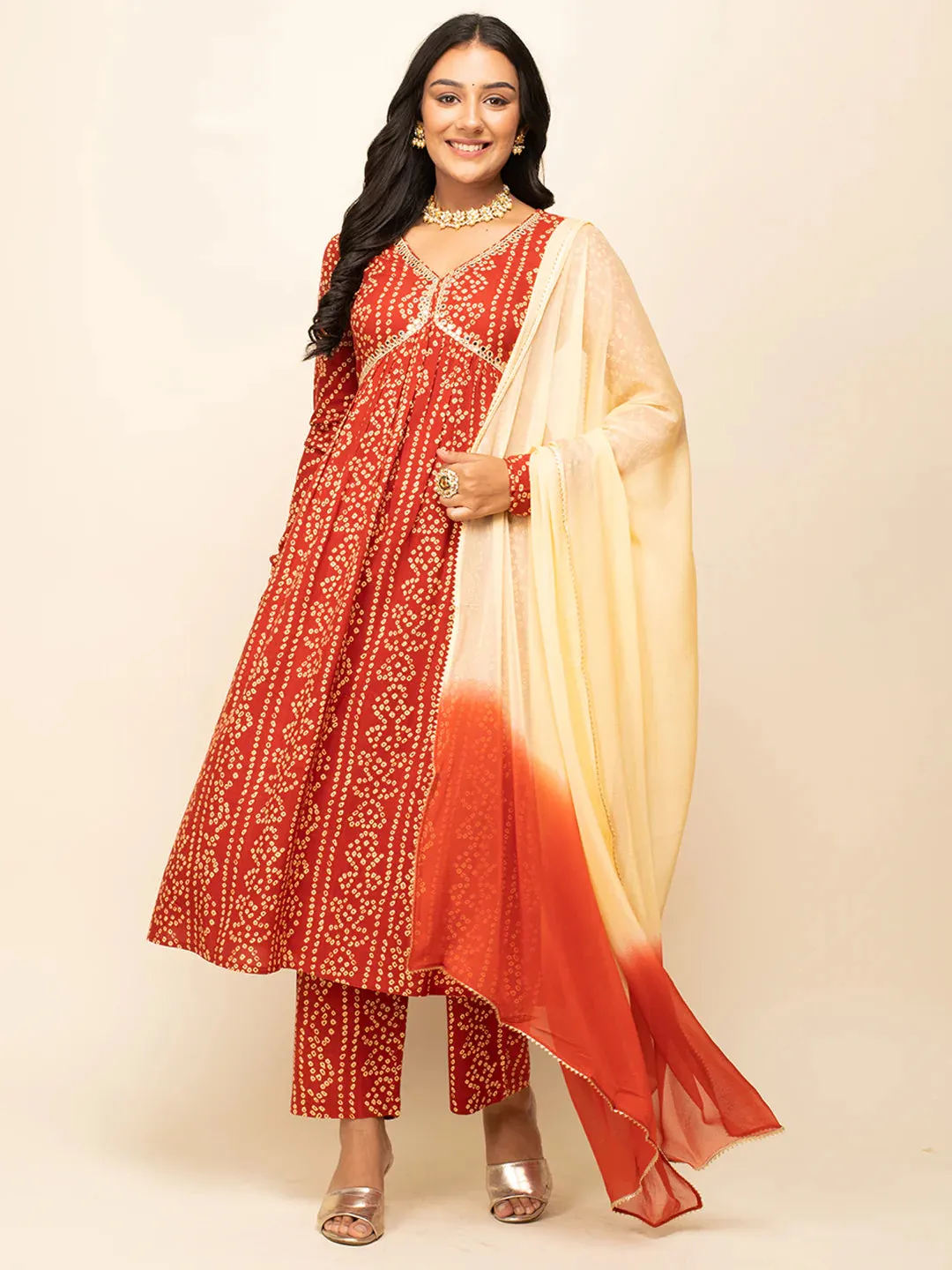 Red Cotton Bandhani Print & Lace Detailing Suit Set with Chiffon Dupatta