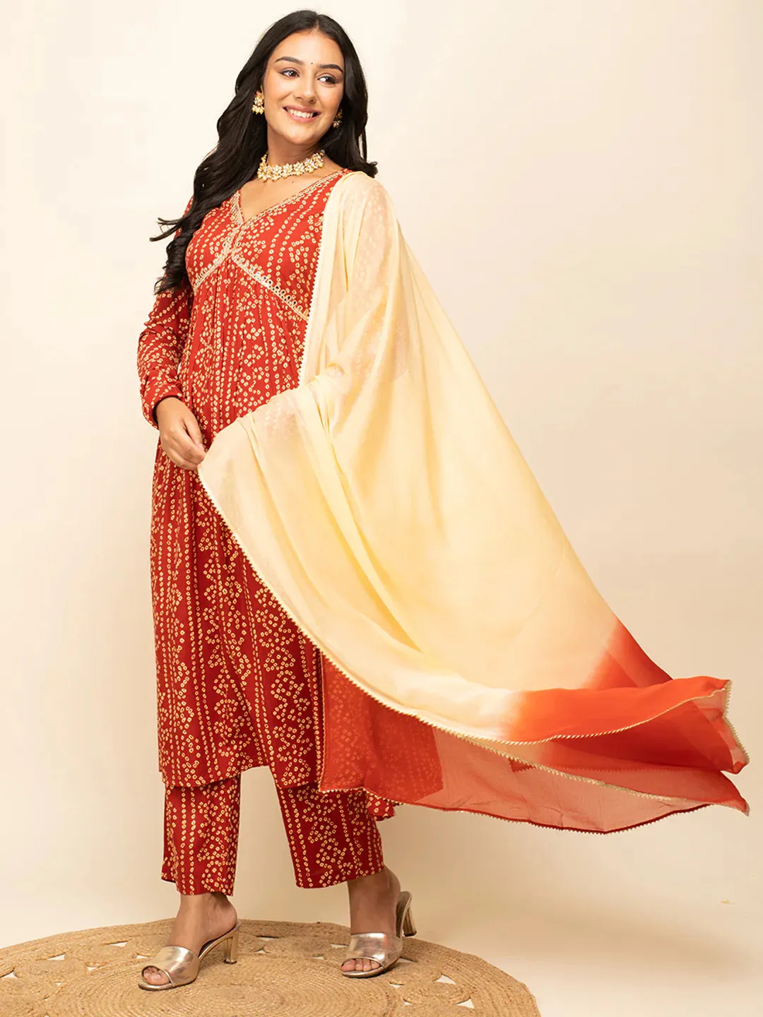 Red Cotton Bandhani Print & Lace Detailing Suit Set with Chiffon Dupatta