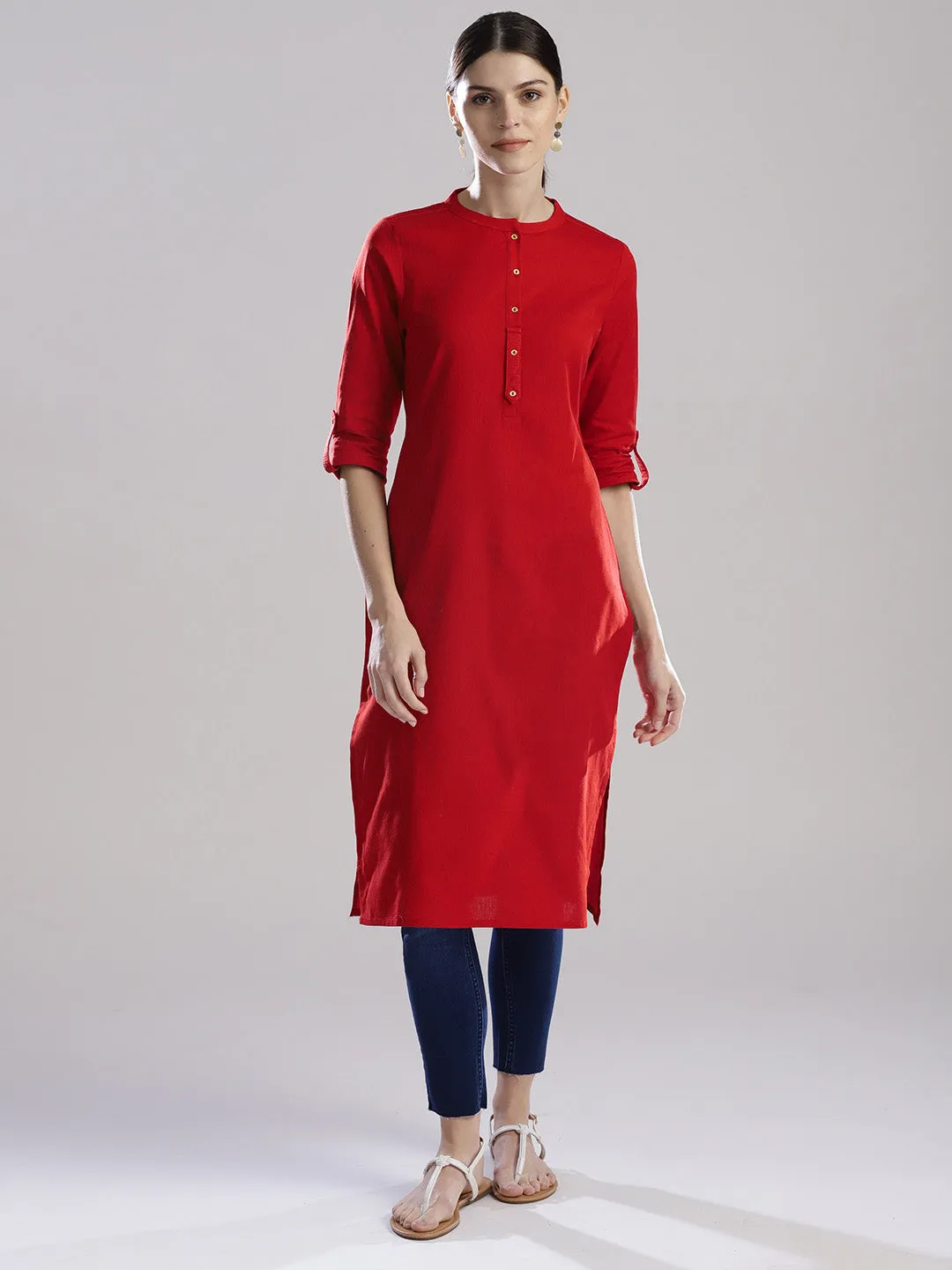 Red Cotton Kurta With Pants