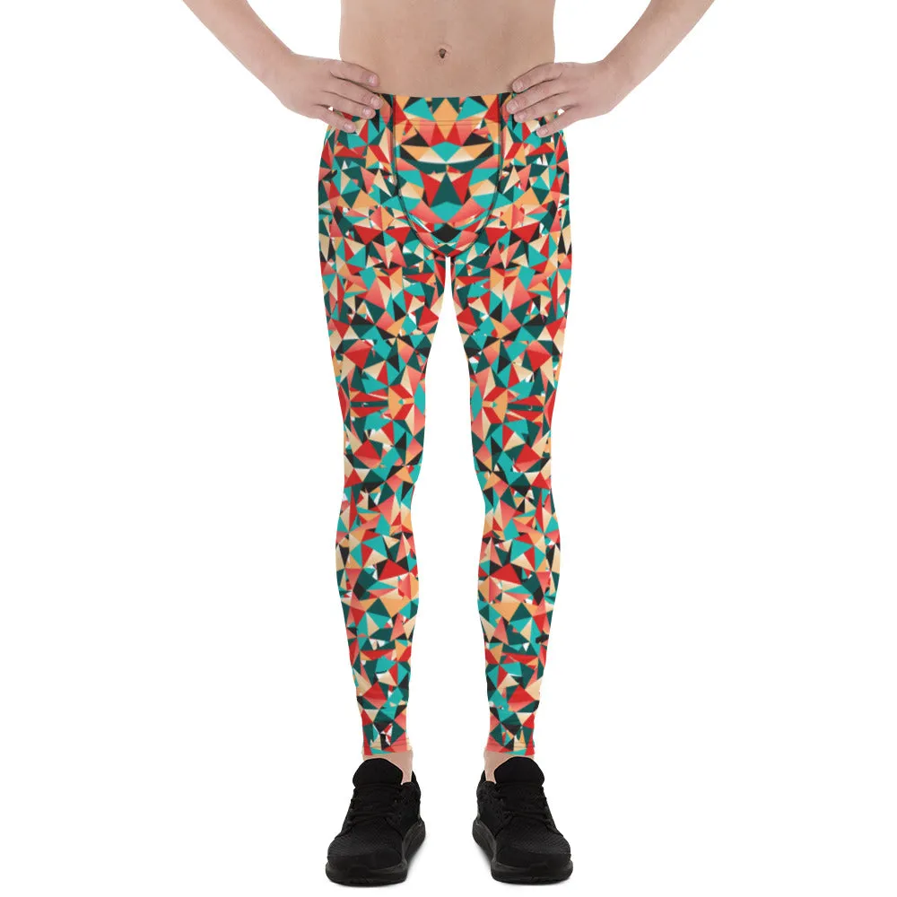 Red Geometric Fashion Men's Leggings, Stylish Colorful Meggings Running Tights-Made in USA/EU