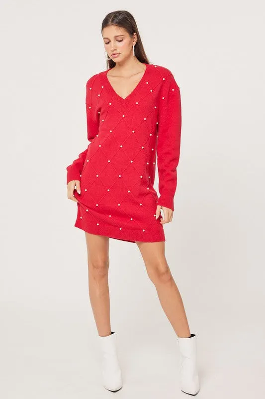 Red V-Neck Cross Pattern Pearl Detail Sweater Dress