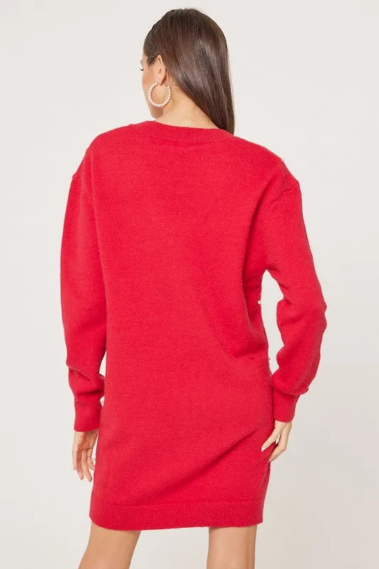 Red V-Neck Cross Pattern Pearl Detail Sweater Dress