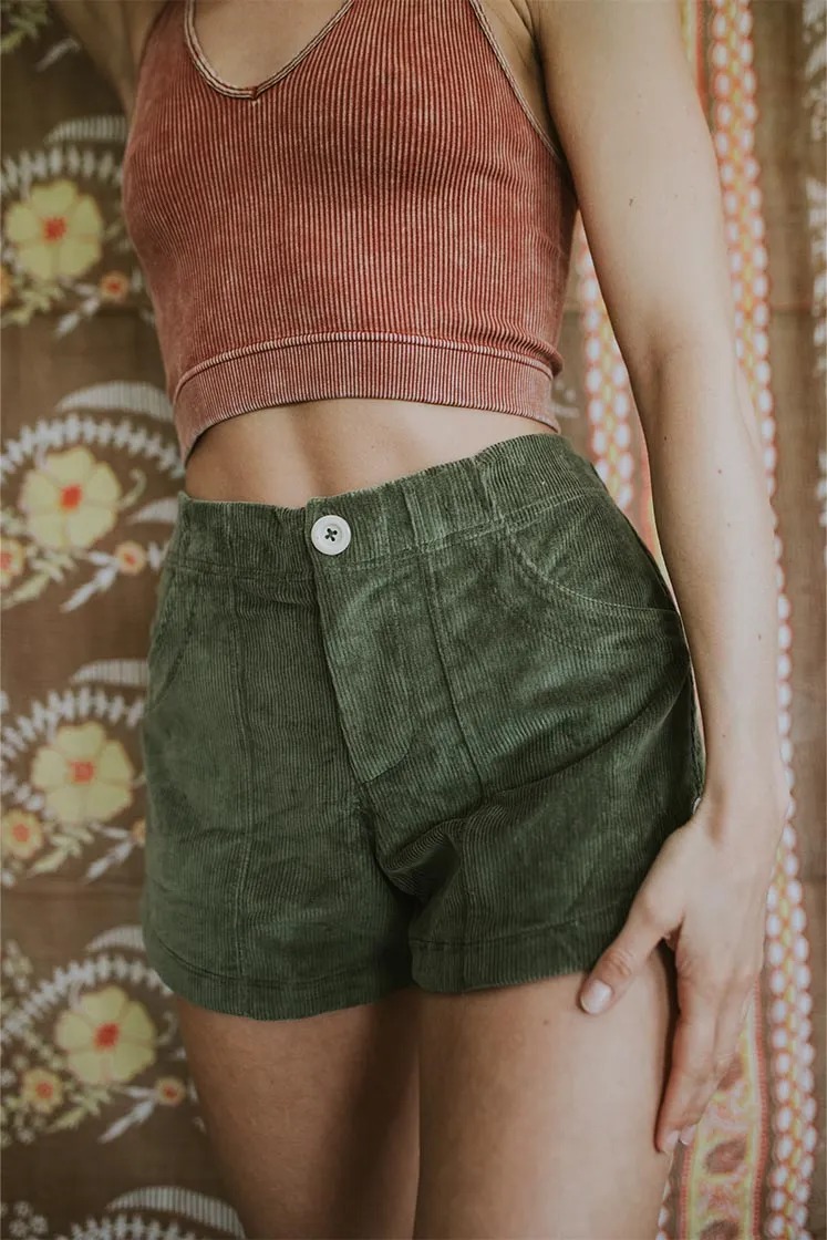 Retro Pocket Shorts - Olive Corduroy