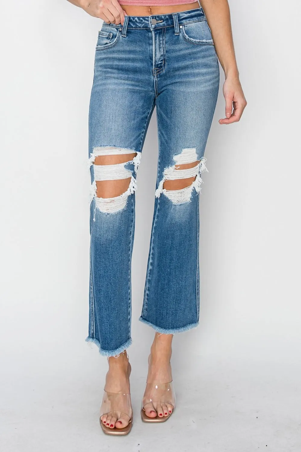 RISEN Mid Rise Distressed Cropped Flare Jeans