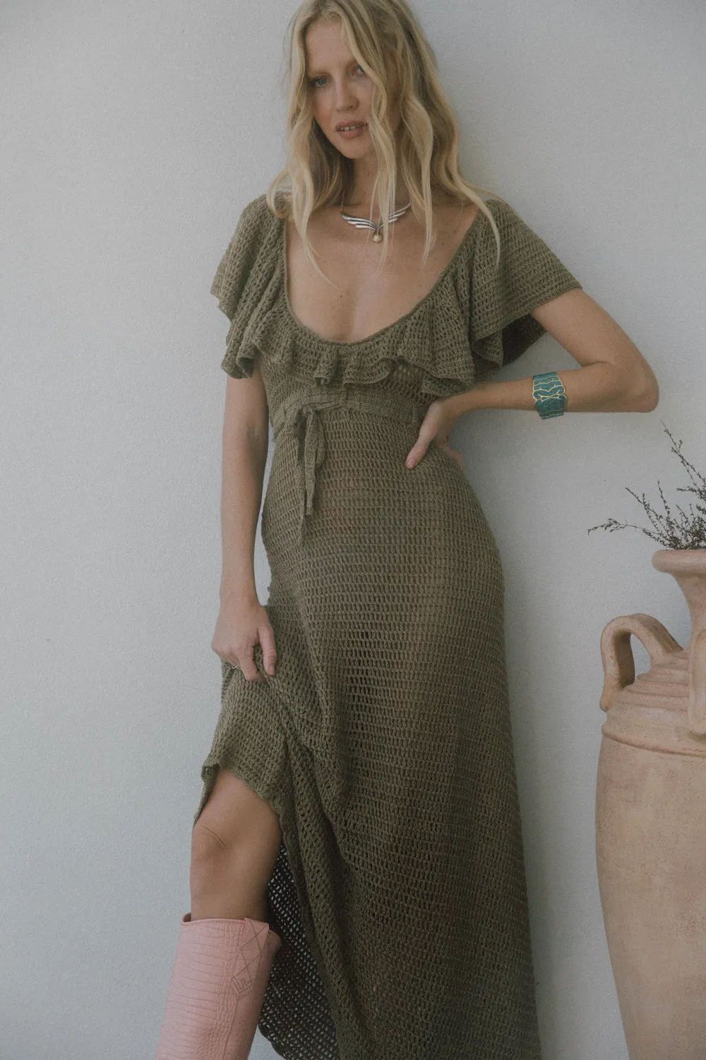 Rosalita Crochet Maxi Dress - Olive