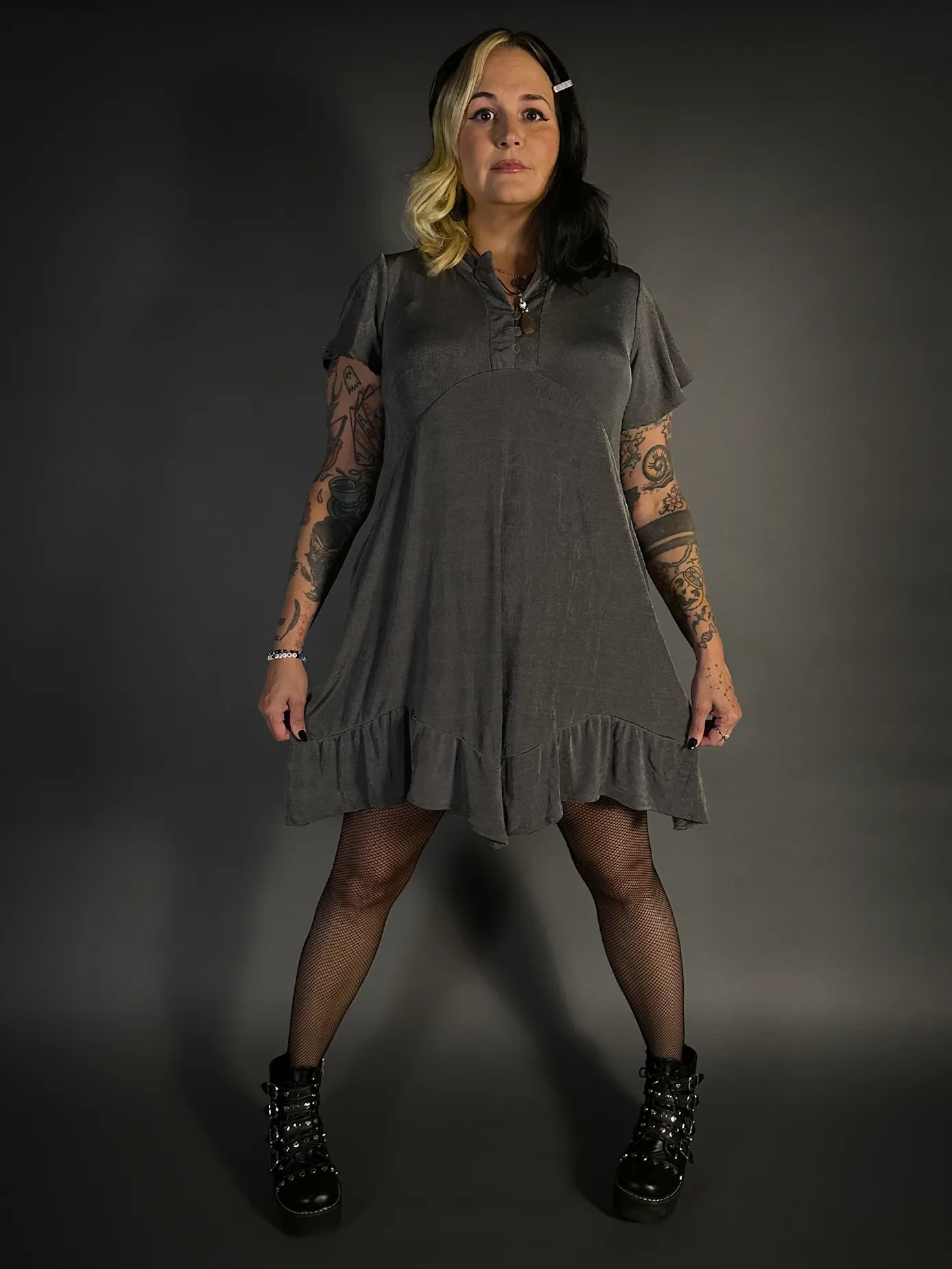 Ruffled Flair Hem Button Collar Babydoll Dress with Pockets in Charcoal Gray