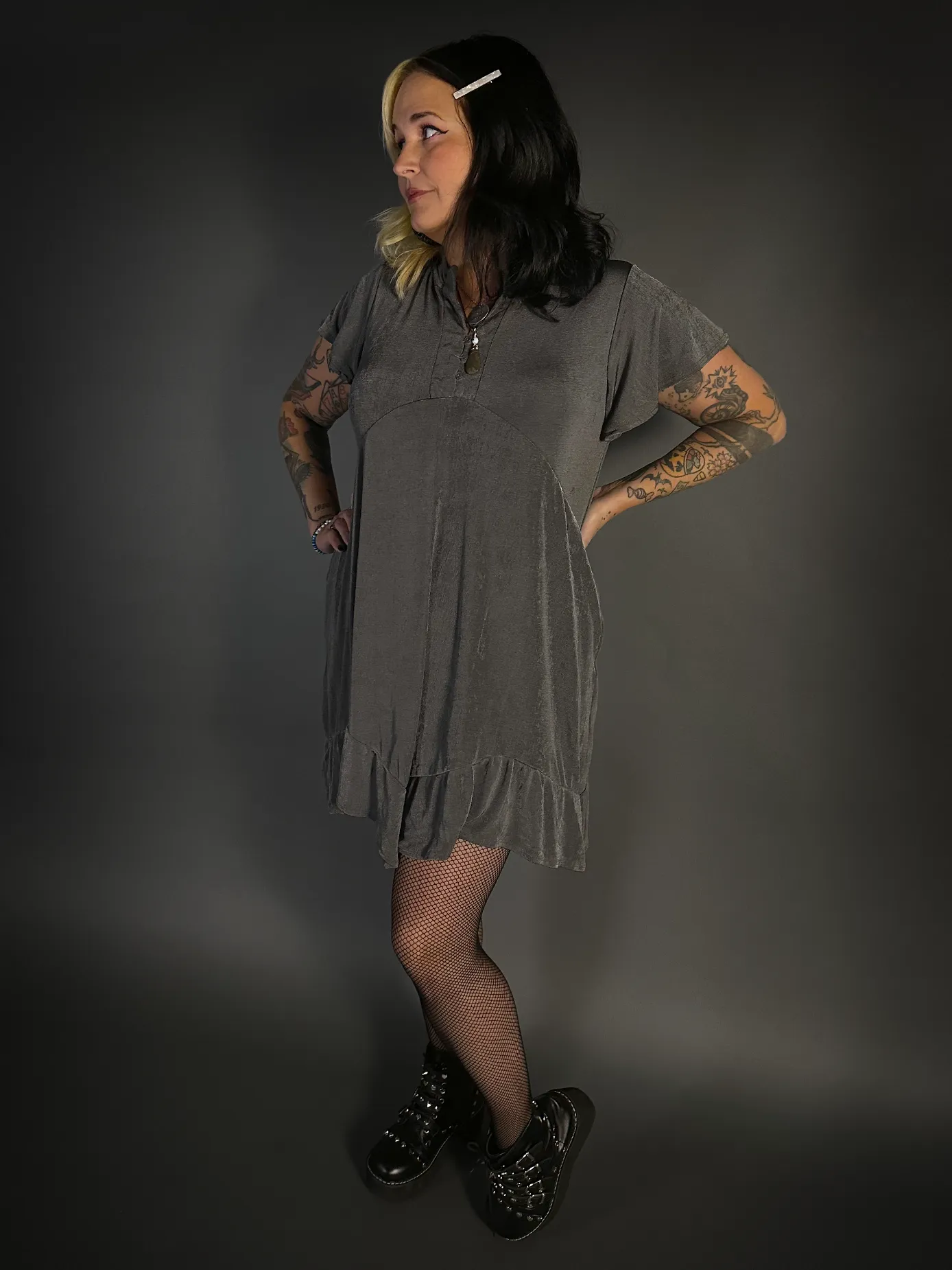 Ruffled Flair Hem Button Collar Babydoll Dress with Pockets in Charcoal Gray