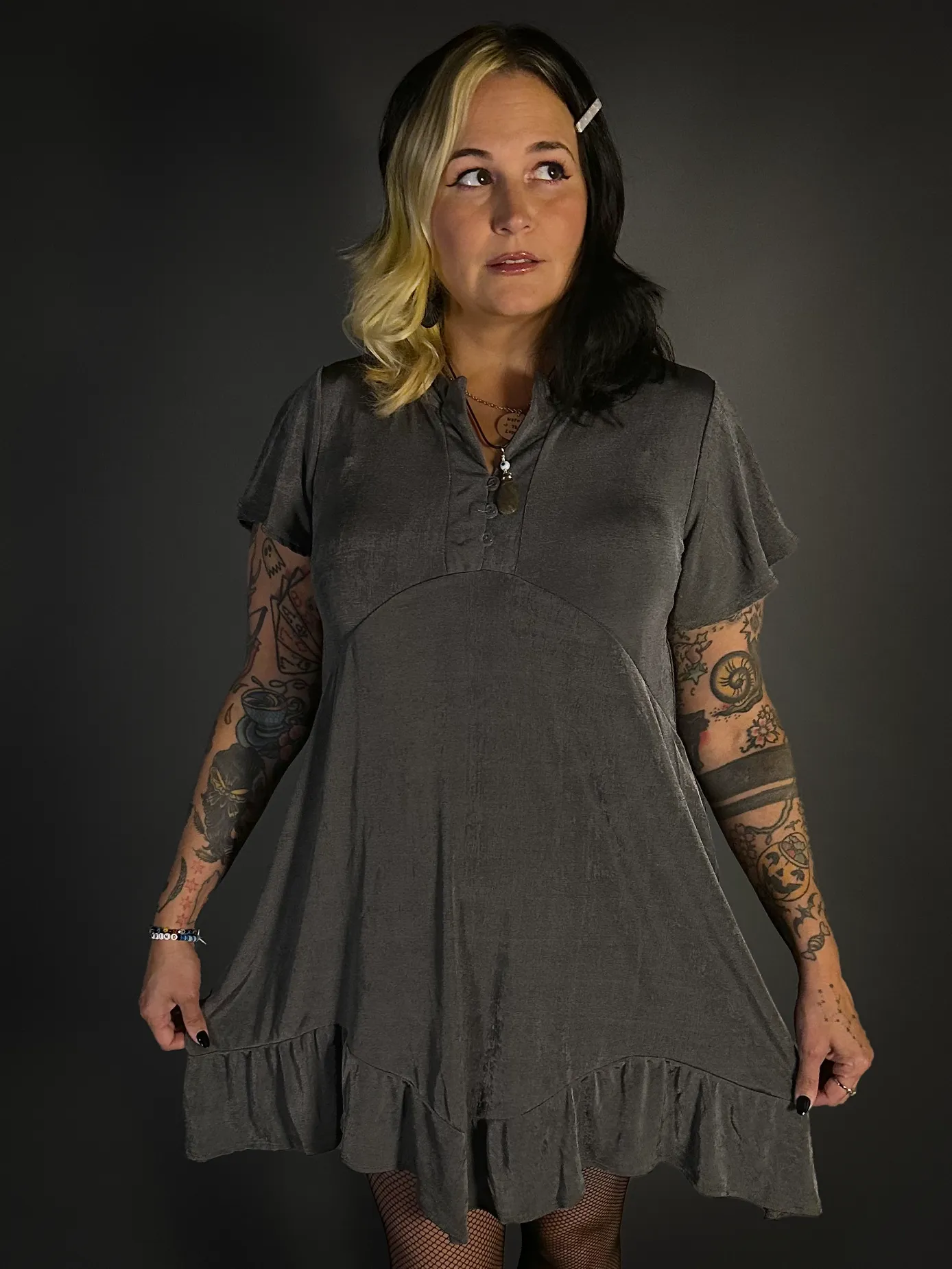 Ruffled Flair Hem Button Collar Babydoll Dress with Pockets in Charcoal Gray