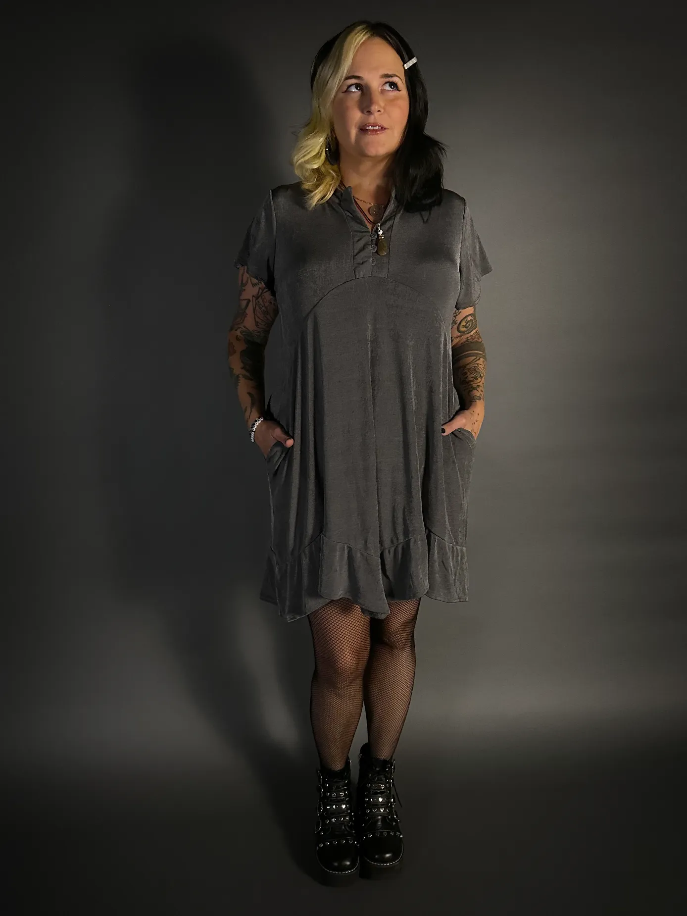 Ruffled Flair Hem Button Collar Babydoll Dress with Pockets in Charcoal Gray