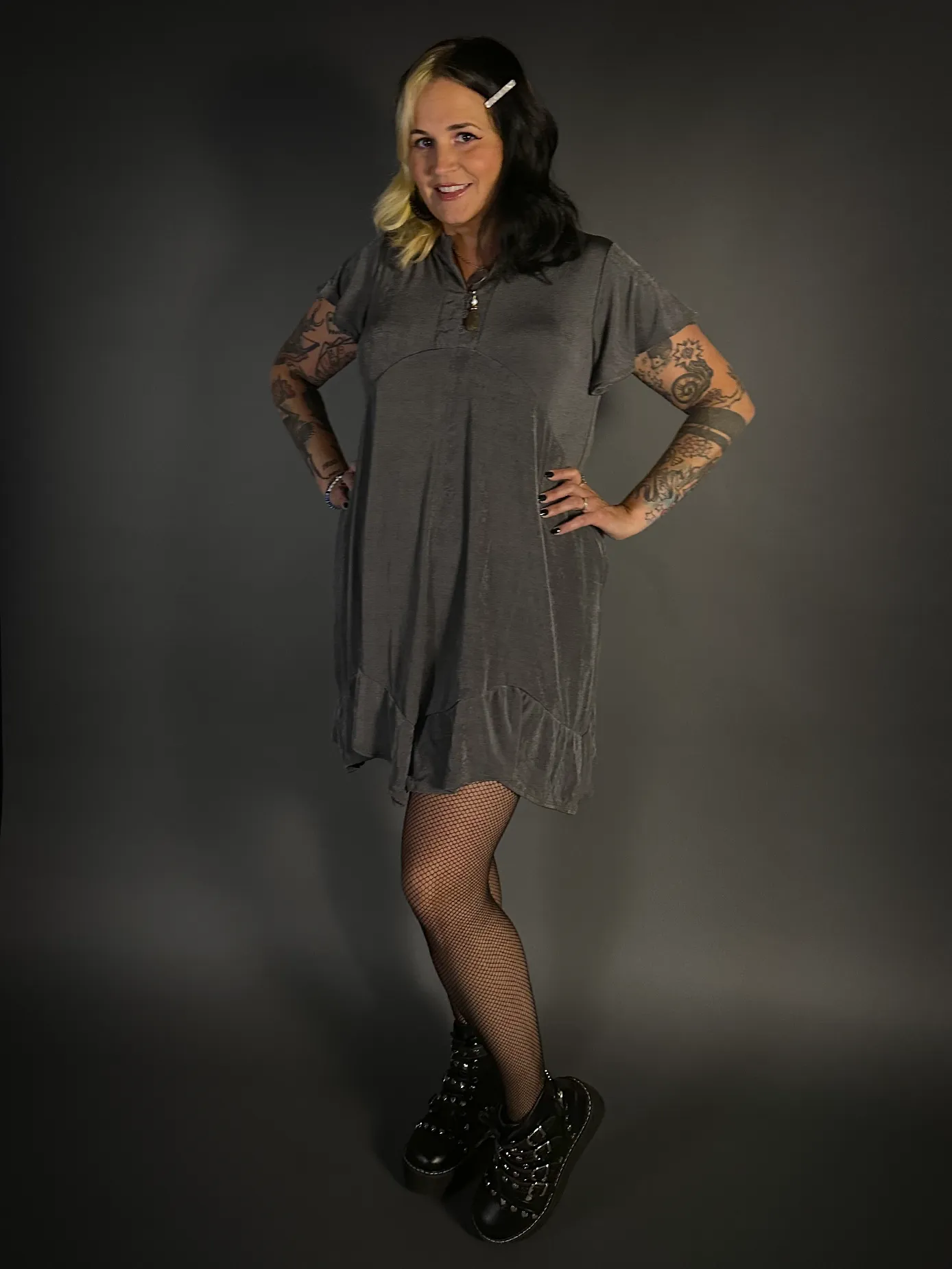 Ruffled Flair Hem Button Collar Babydoll Dress with Pockets in Charcoal Gray