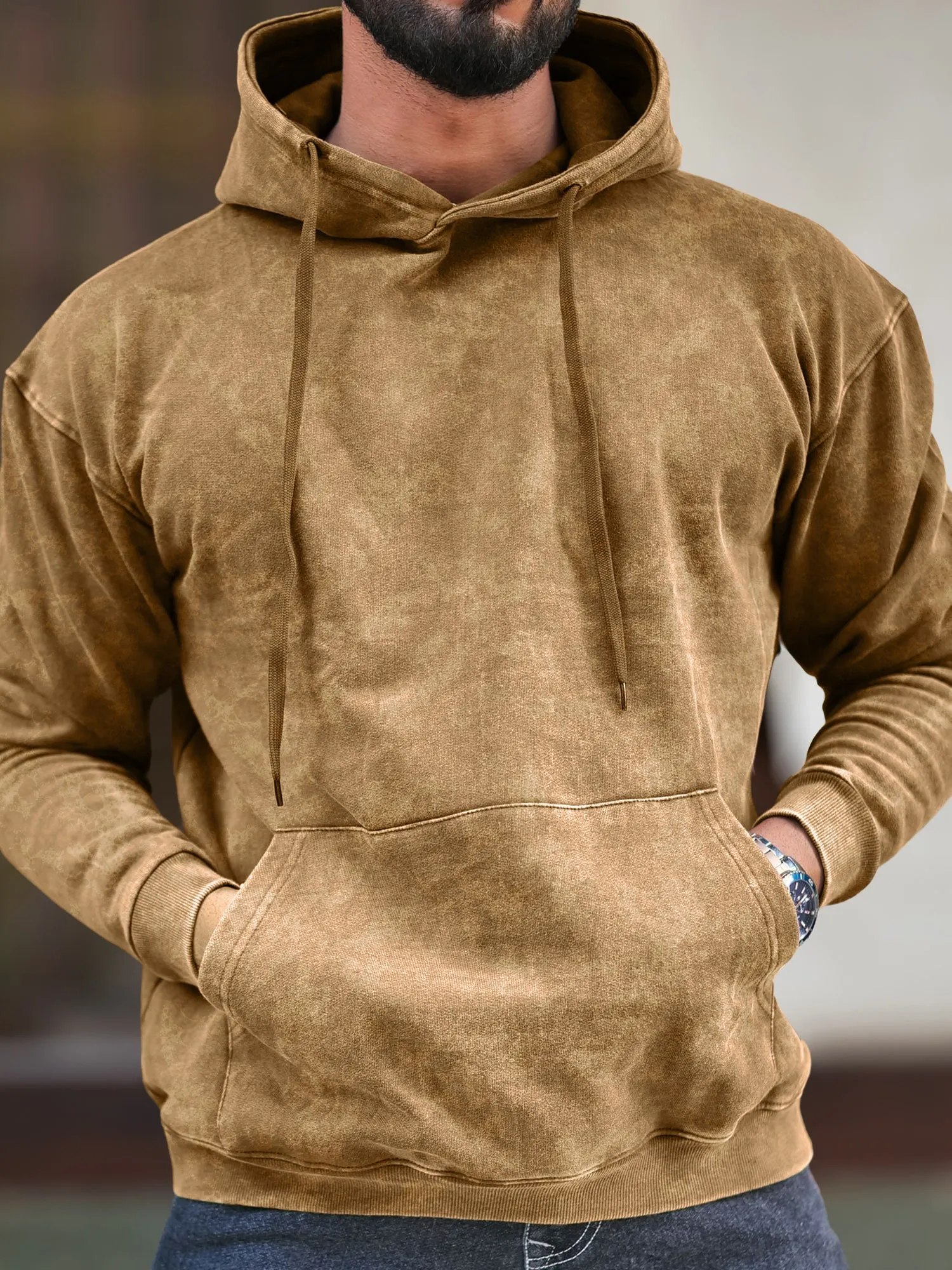 Rugged Acid Wash Brown Hooded Sweatshirt