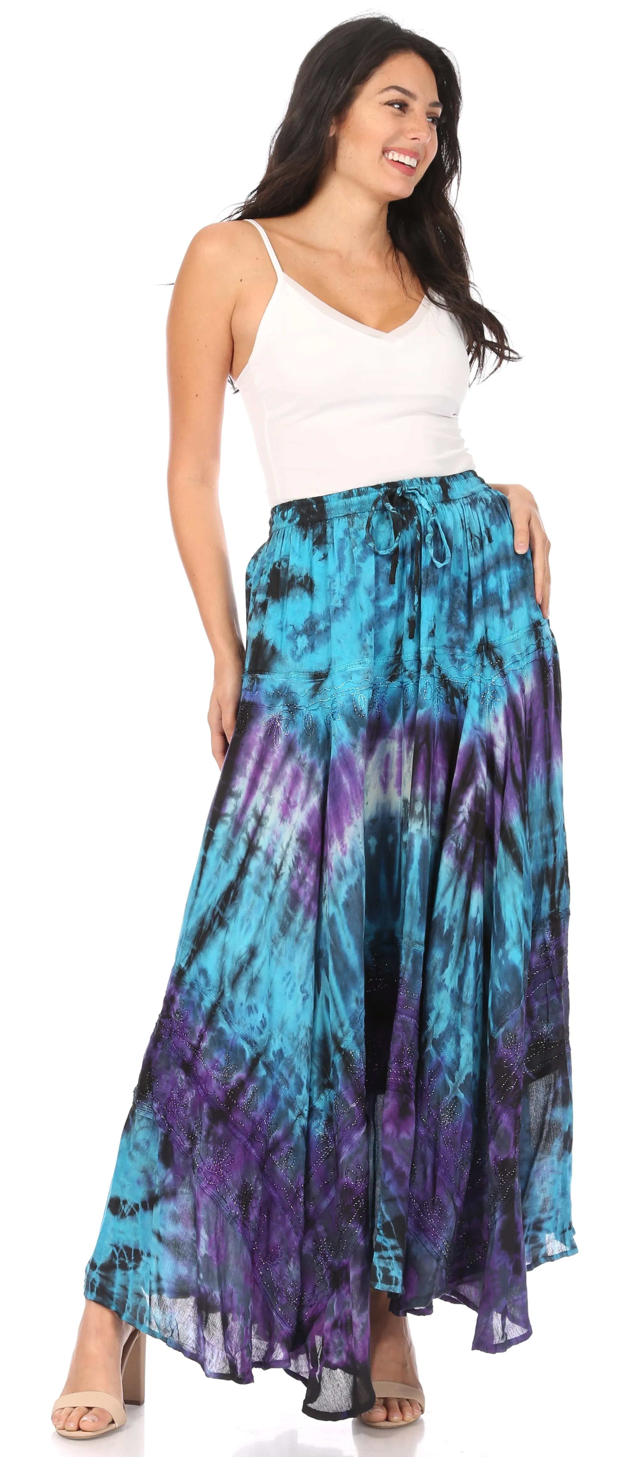 Sakkas Ester Womens Simple  Boho Maxi Full circle Tie-dye Skirt with Elastic Waist