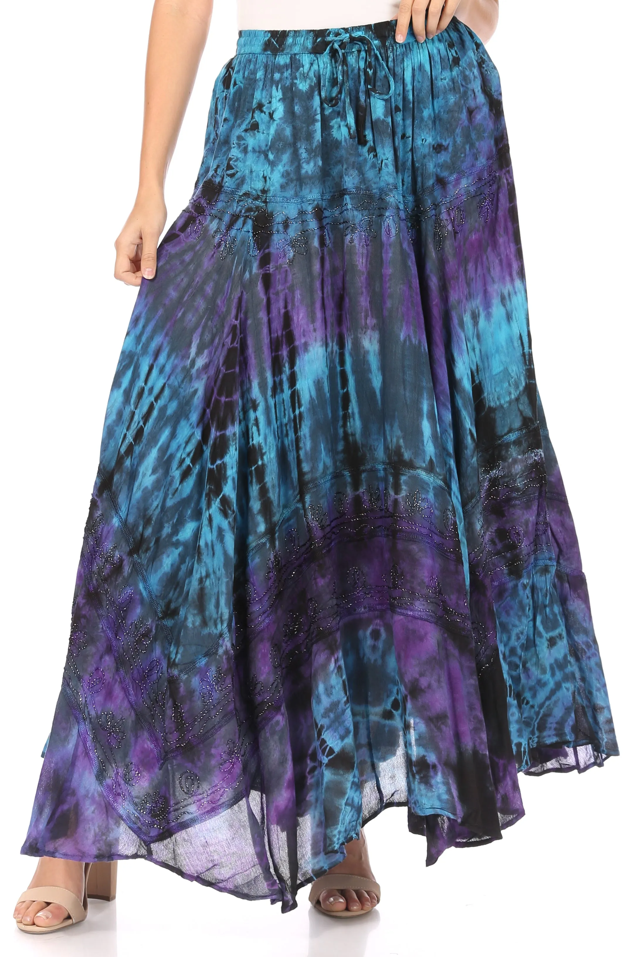 Sakkas Ester Womens Simple  Boho Maxi Full circle Tie-dye Skirt with Elastic Waist