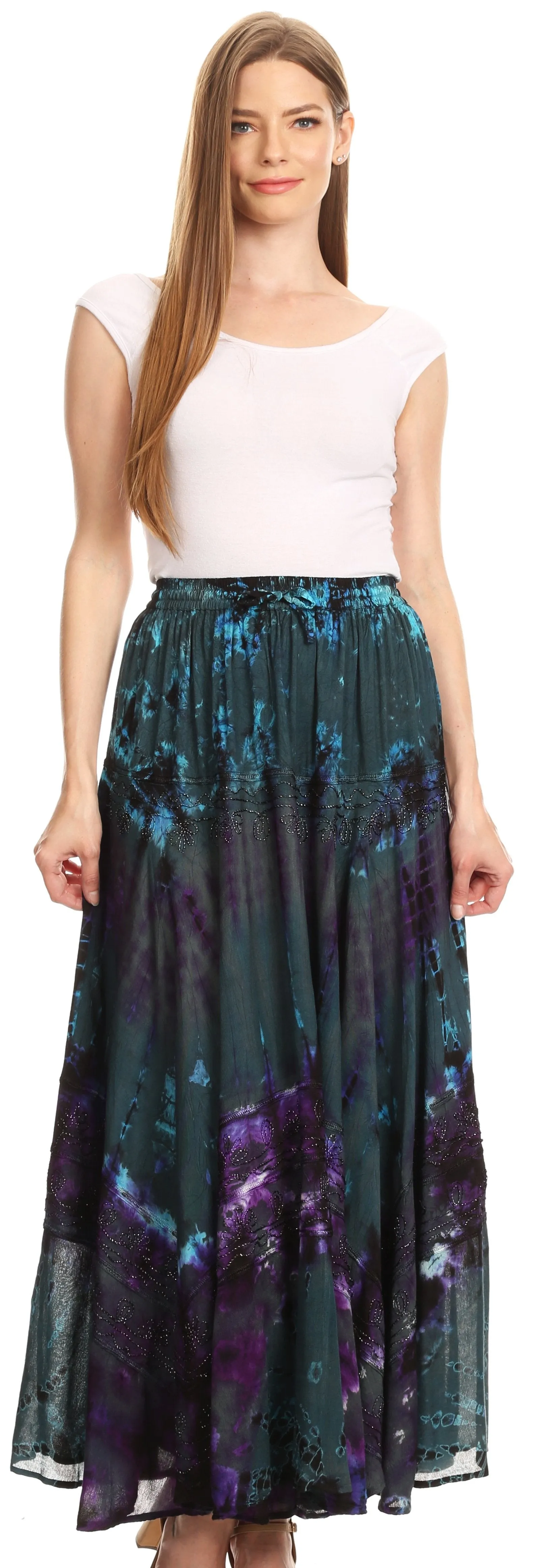 Sakkas Ester Womens Simple  Boho Maxi Full circle Tie-dye Skirt with Elastic Waist