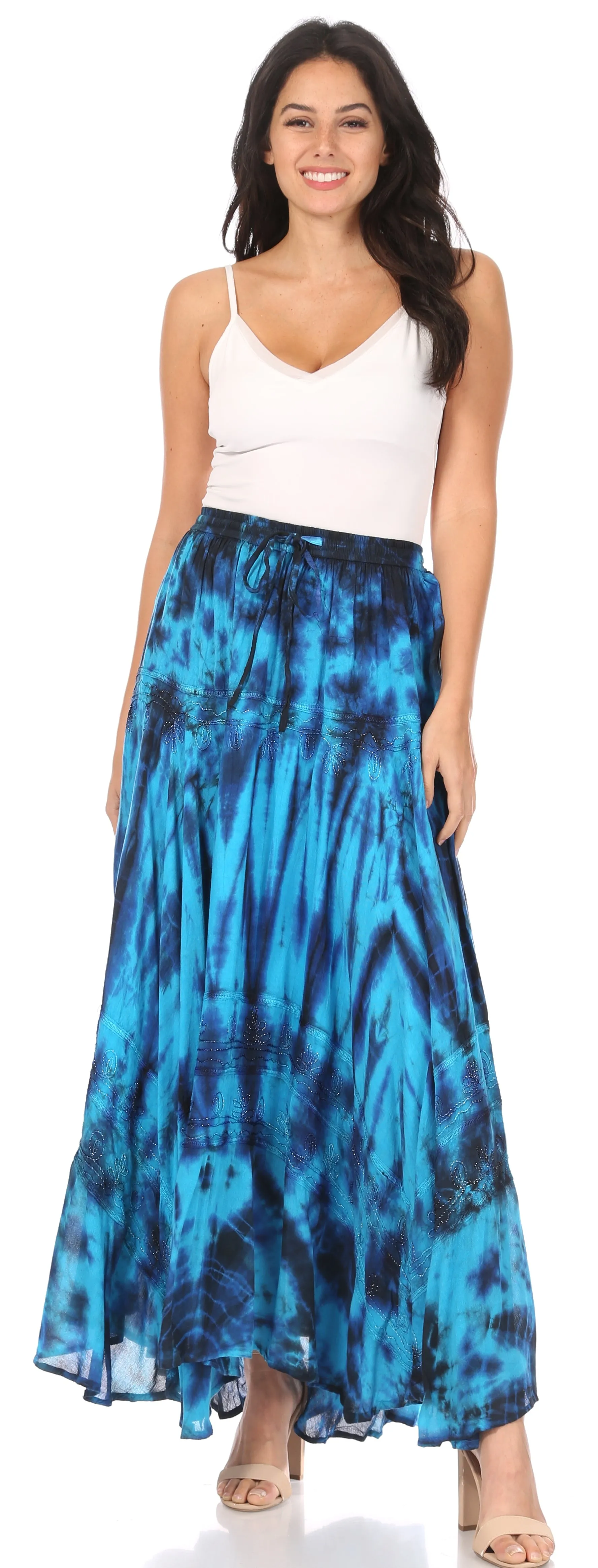 Sakkas Ester Womens Simple  Boho Maxi Full circle Tie-dye Skirt with Elastic Waist