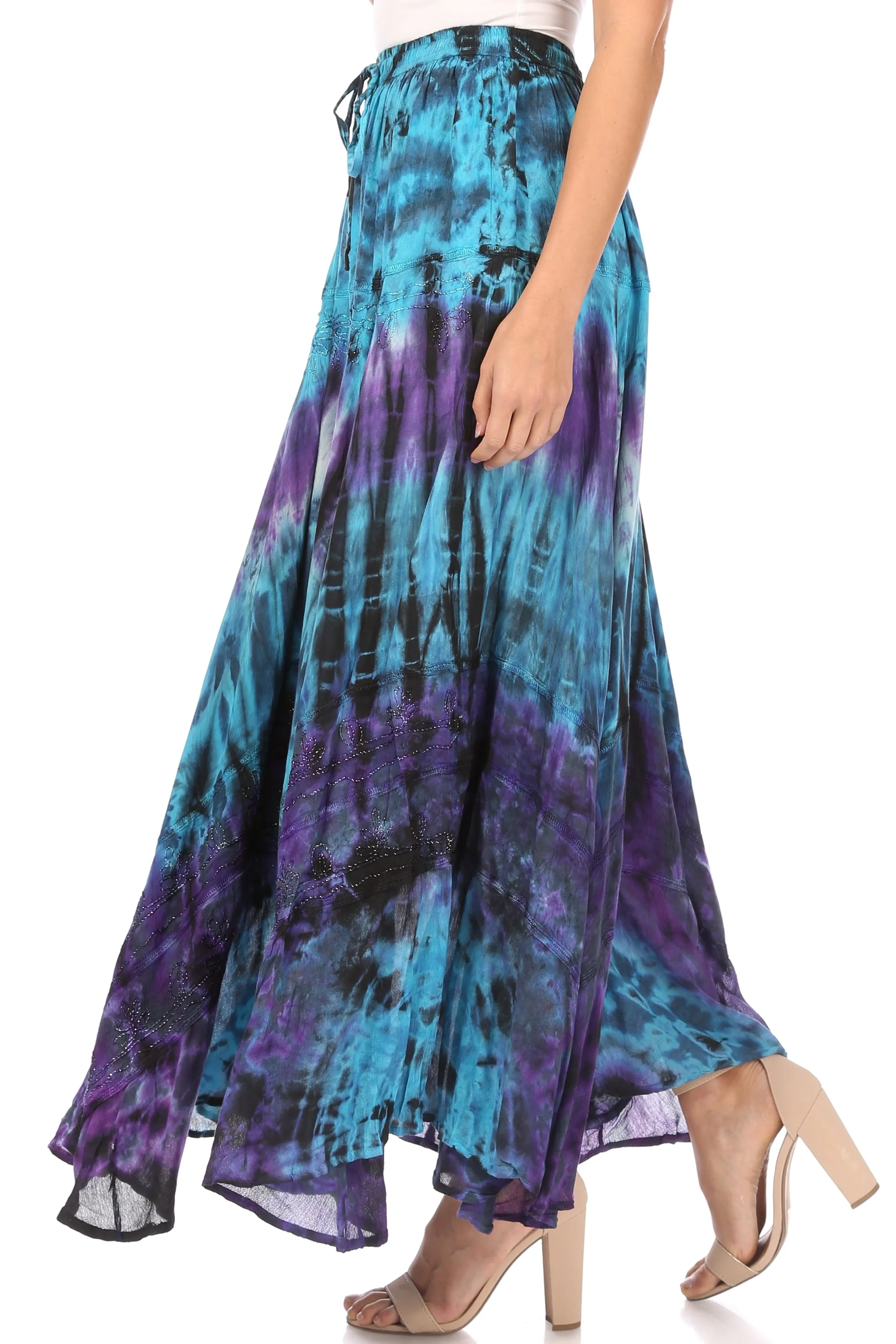 Sakkas Ester Womens Simple  Boho Maxi Full circle Tie-dye Skirt with Elastic Waist