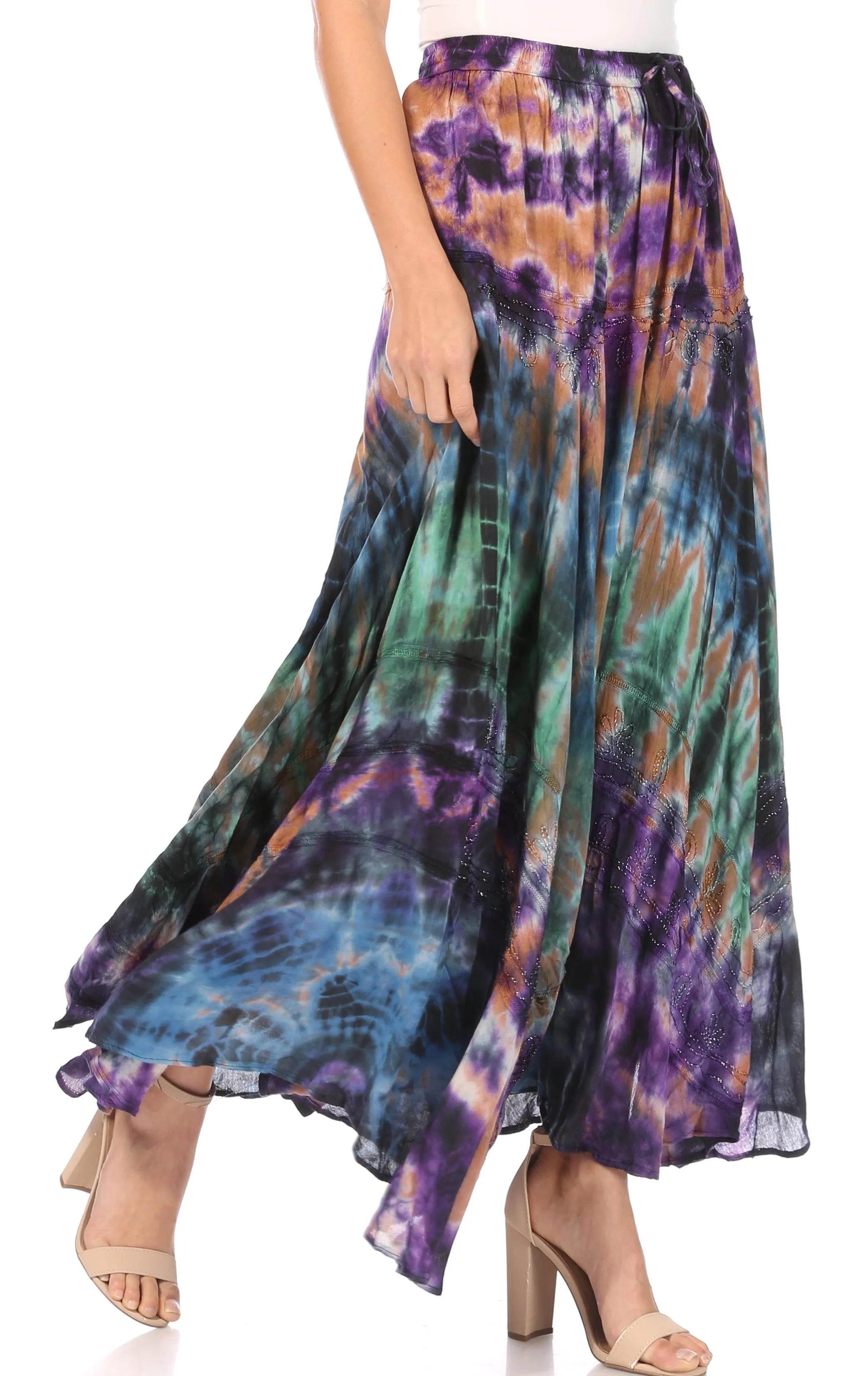 Sakkas Ester Womens Simple  Boho Maxi Full circle Tie-dye Skirt with Elastic Waist