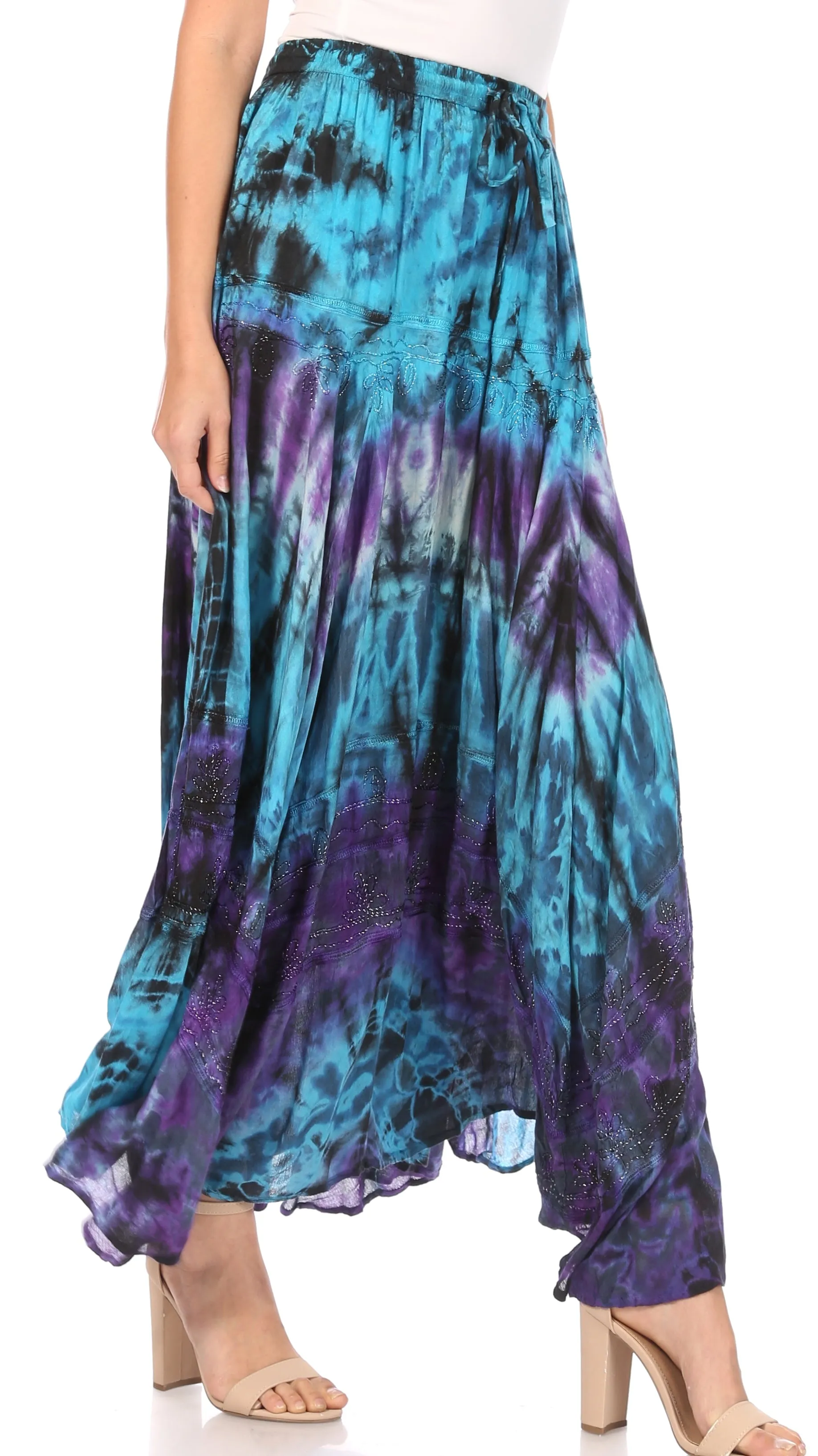 Sakkas Ester Womens Simple  Boho Maxi Full circle Tie-dye Skirt with Elastic Waist