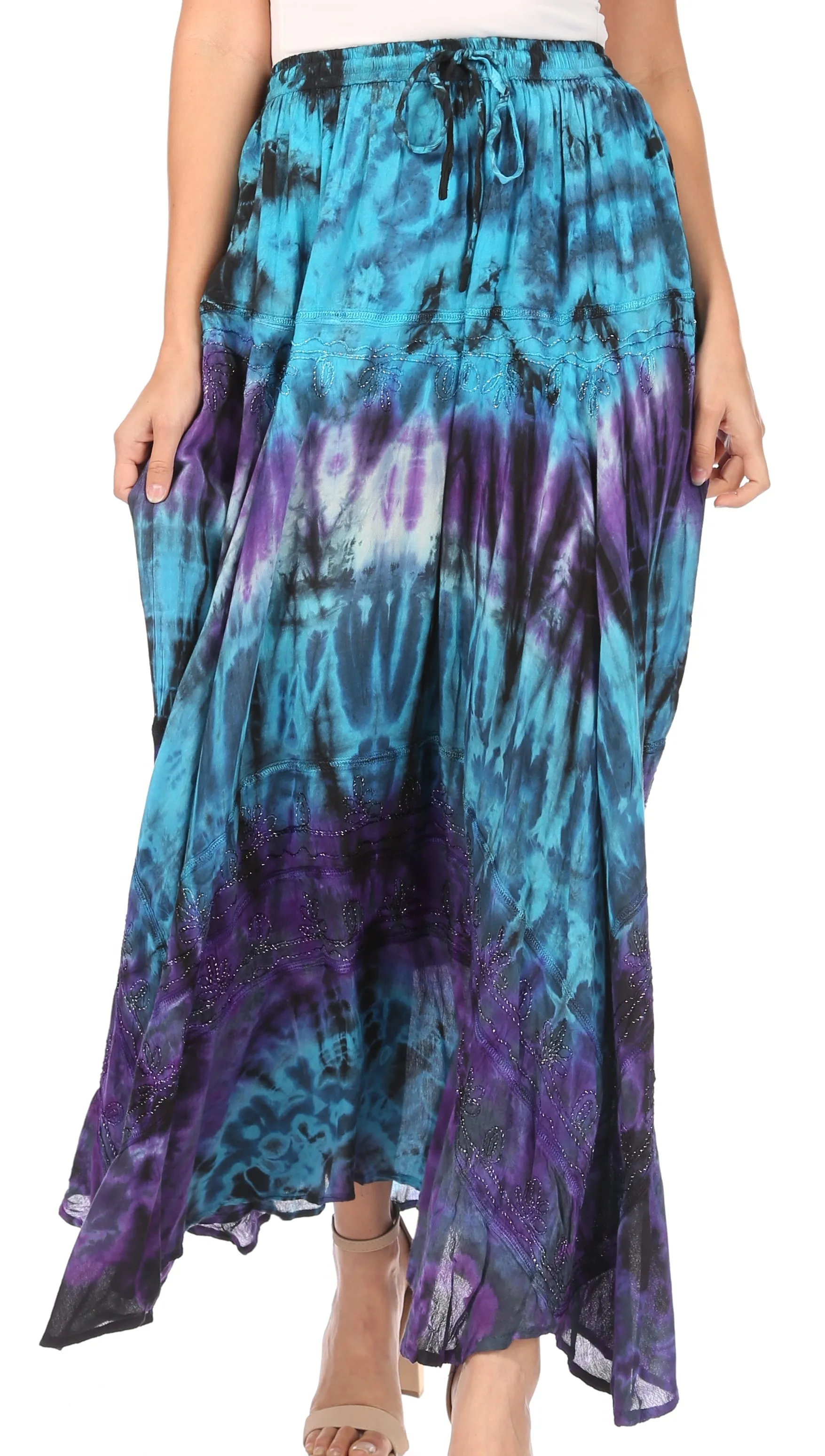 Sakkas Ester Womens Simple  Boho Maxi Full circle Tie-dye Skirt with Elastic Waist