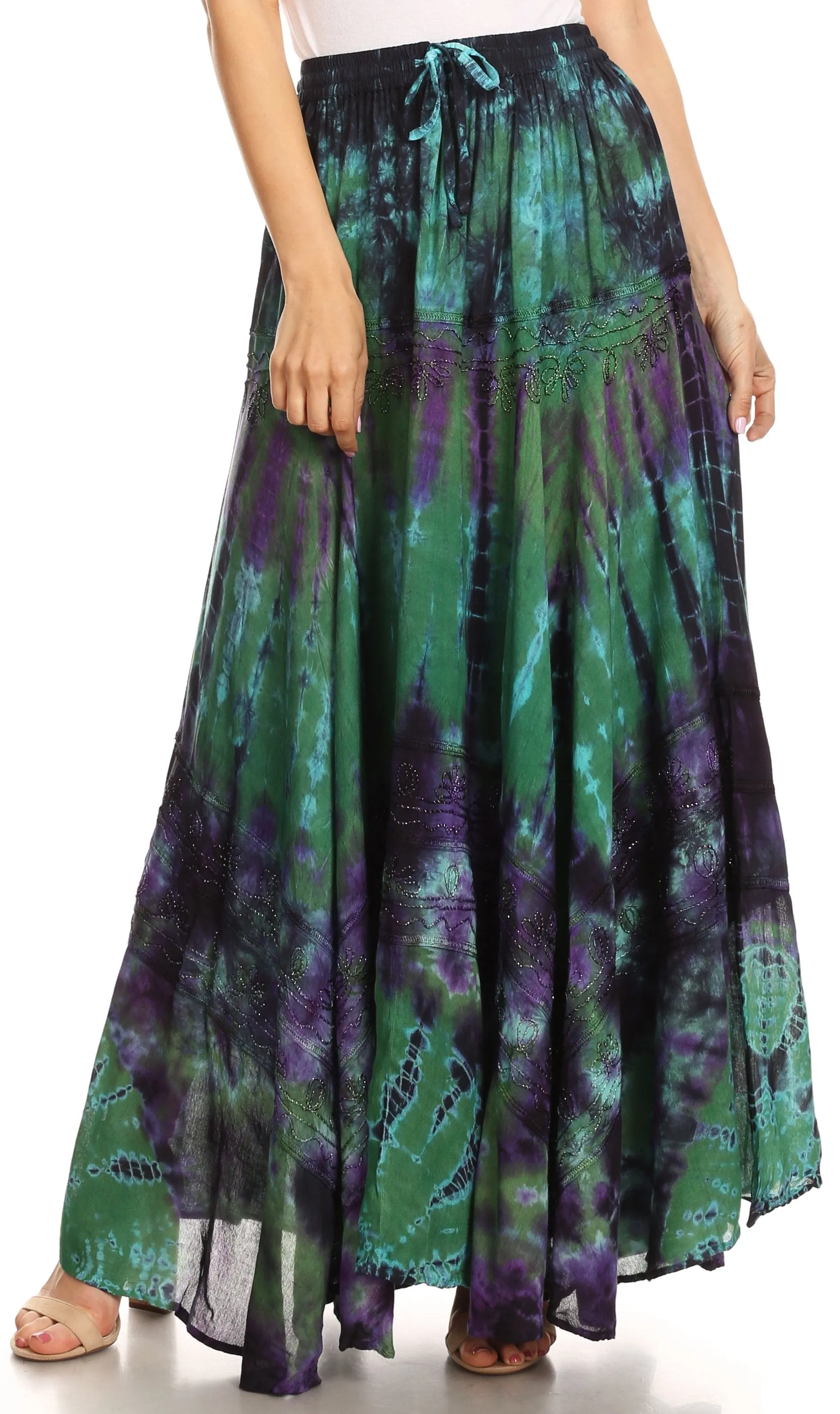 Sakkas Ester Womens Simple  Boho Maxi Full circle Tie-dye Skirt with Elastic Waist