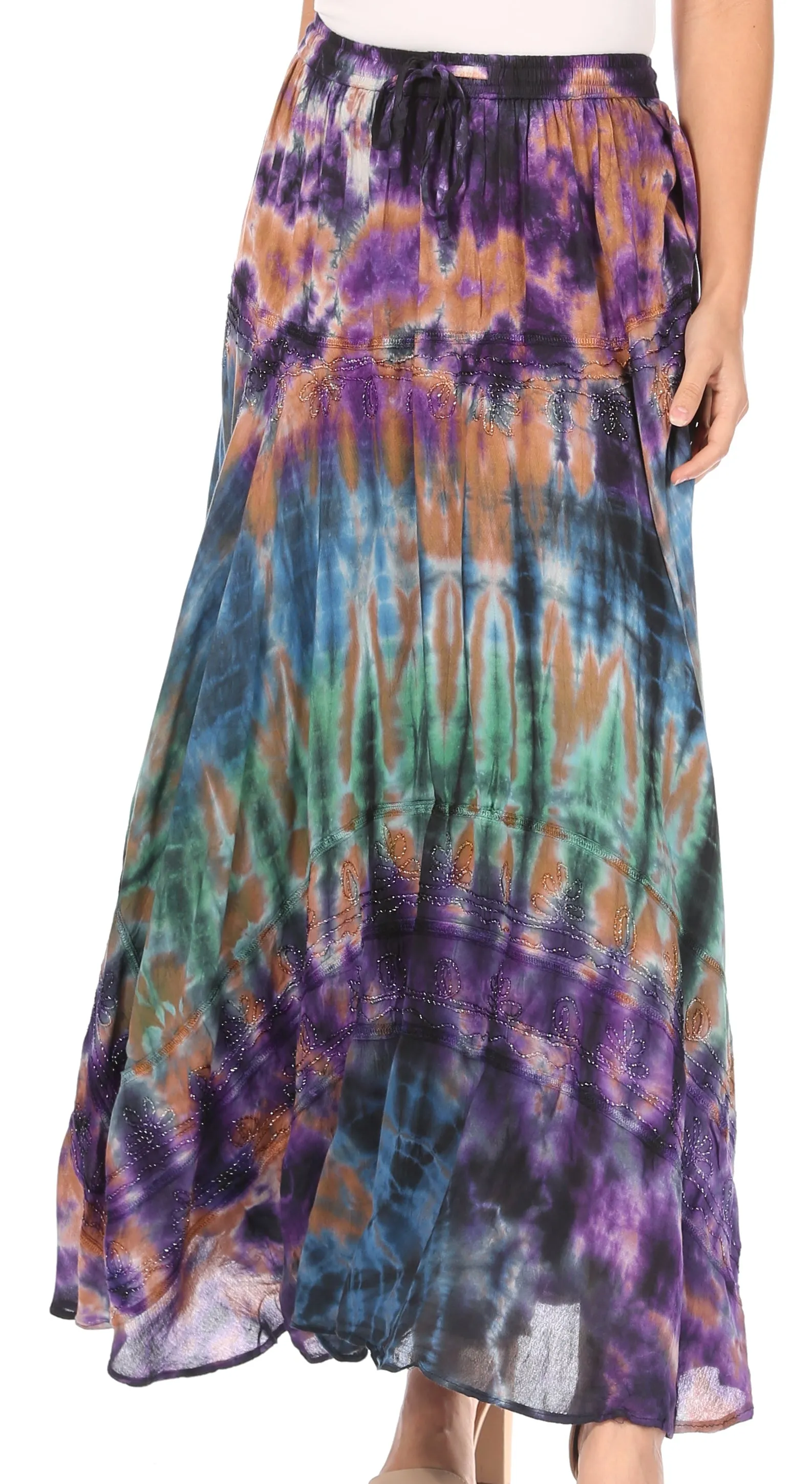 Sakkas Ester Womens Simple  Boho Maxi Full circle Tie-dye Skirt with Elastic Waist