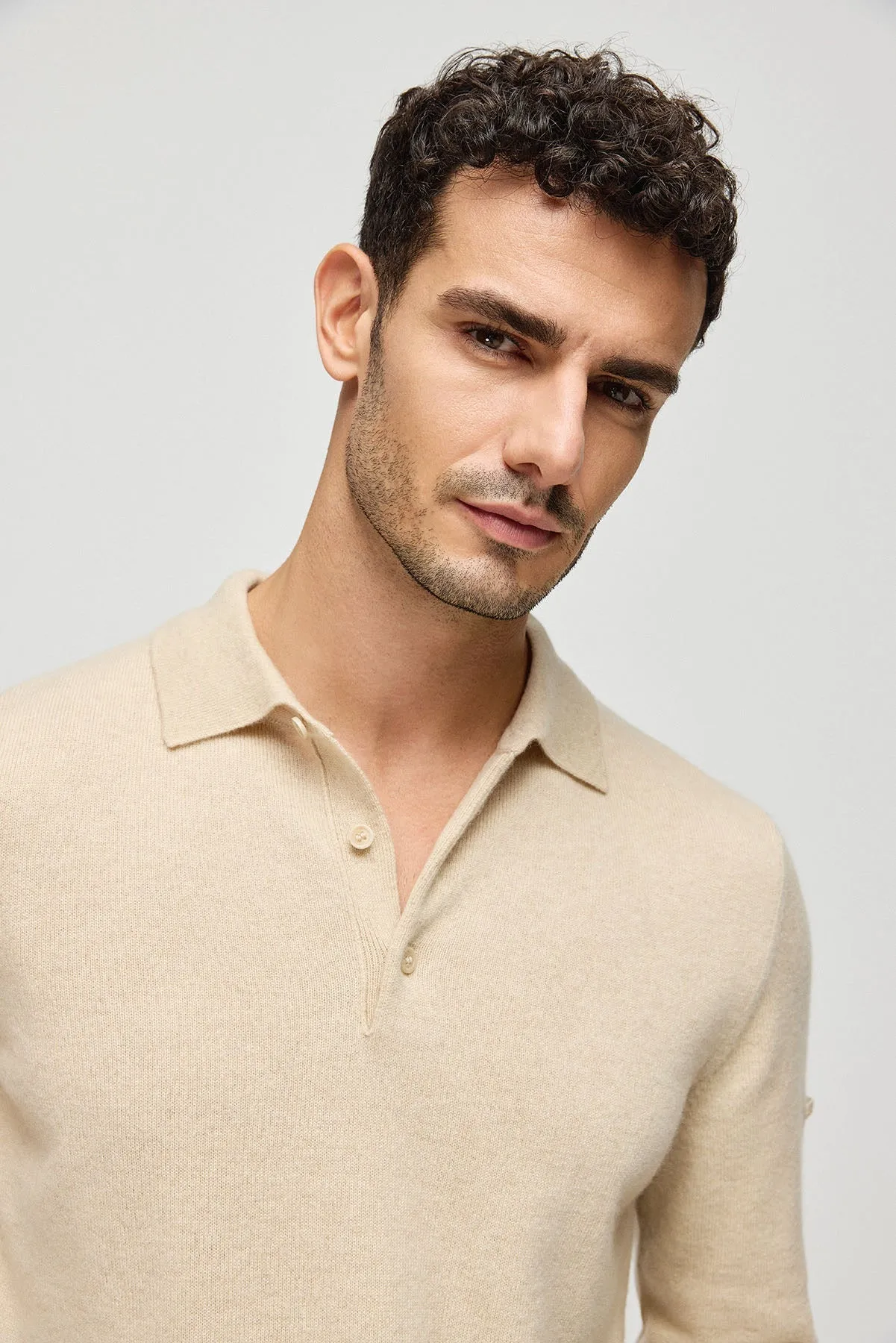 Sand Beige Pure Cashmere Men's Polo Sweater