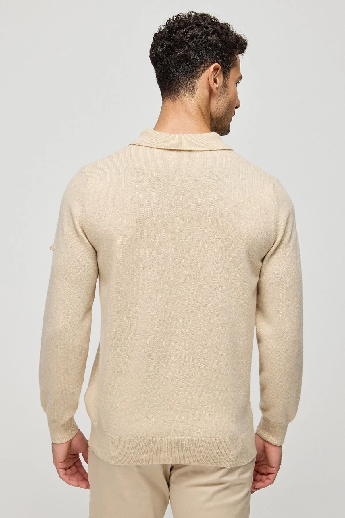 Sand Beige Pure Cashmere Men's Polo Sweater