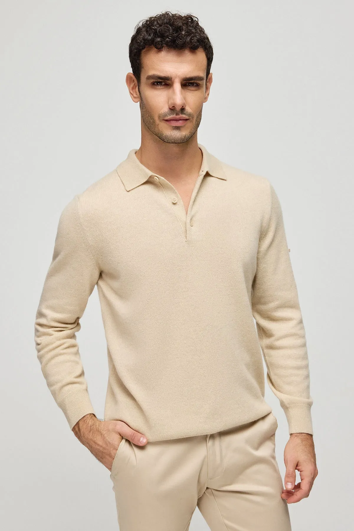 Sand Beige Pure Cashmere Men's Polo Sweater