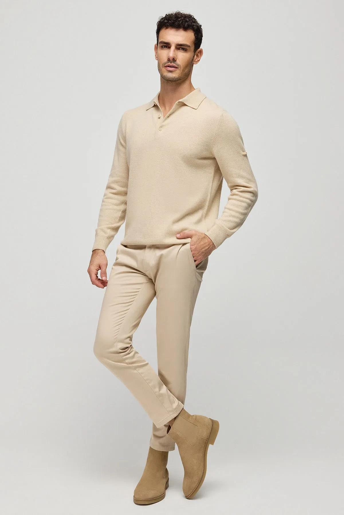 Sand Beige Pure Cashmere Men's Polo Sweater