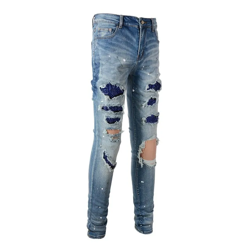 Sapphire Distressed Rhinestone Slim Jeans