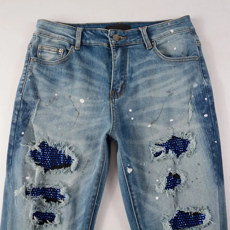 Sapphire Distressed Rhinestone Slim Jeans