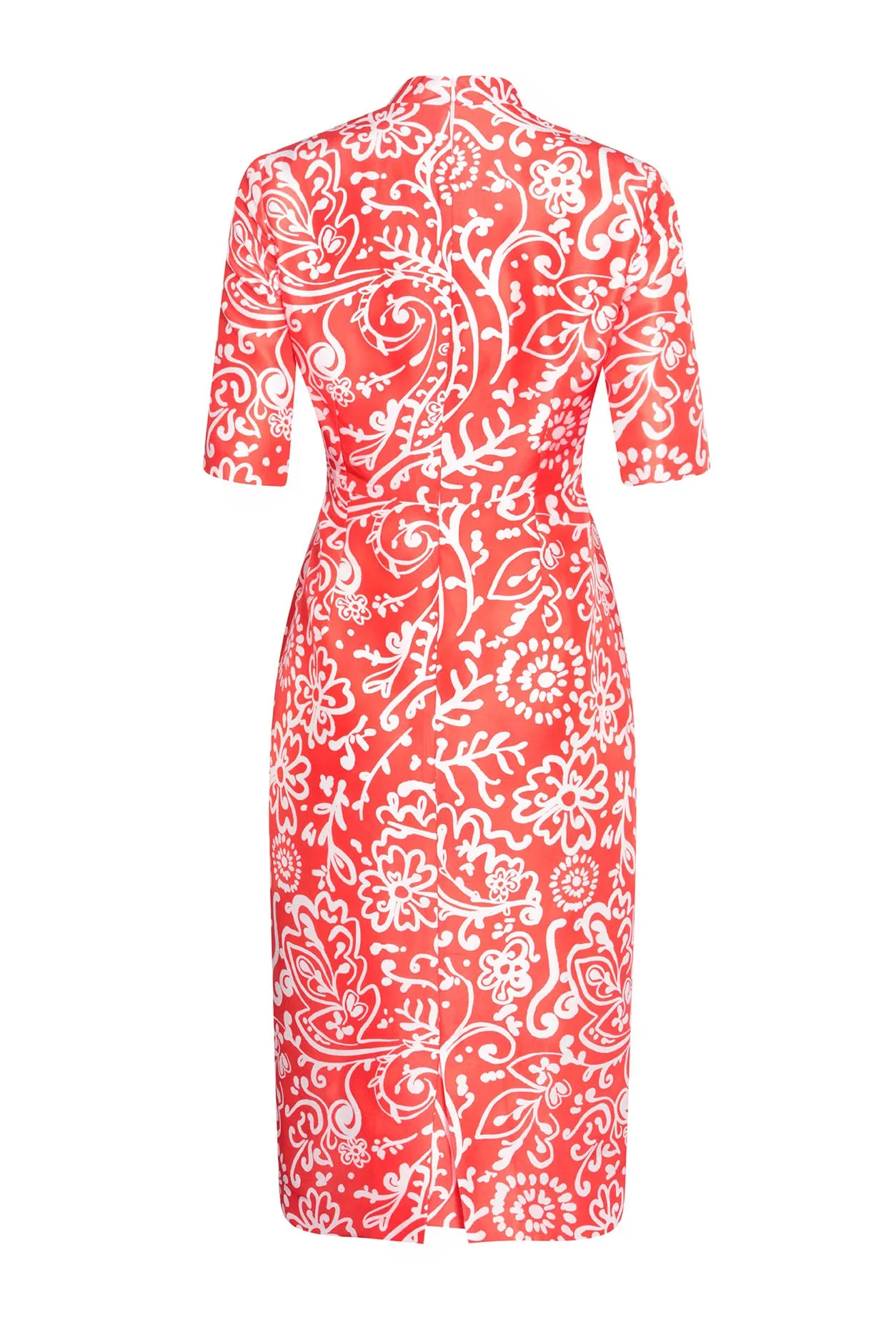 Scarlet/Ivory Silk Shantung Print Dress with Short Sleeves - Em